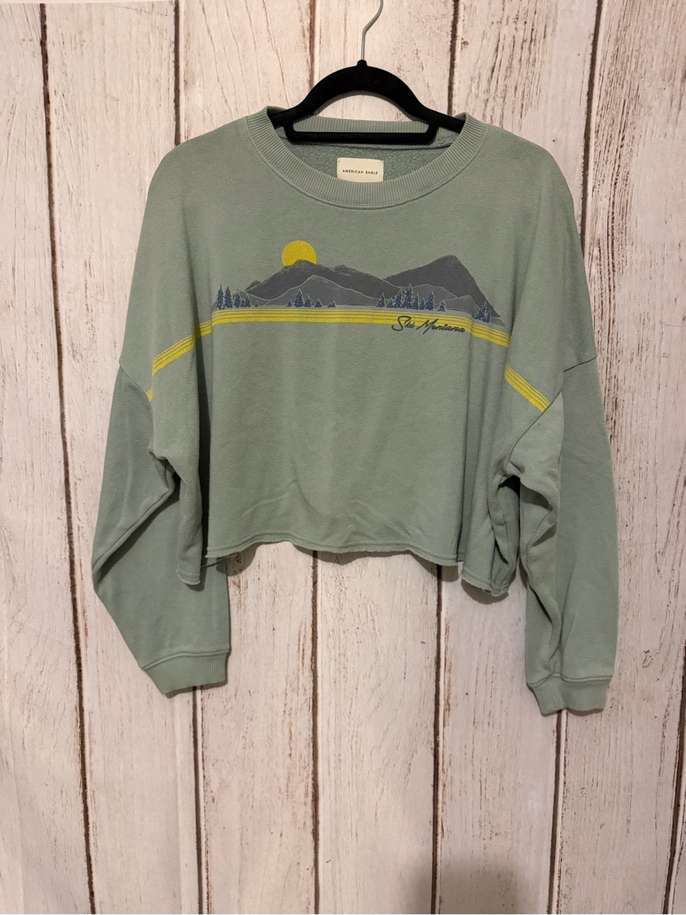 AE Ski Montana Cropped Sweatshirt XS Green Sage Graphic Retro Raw Hem